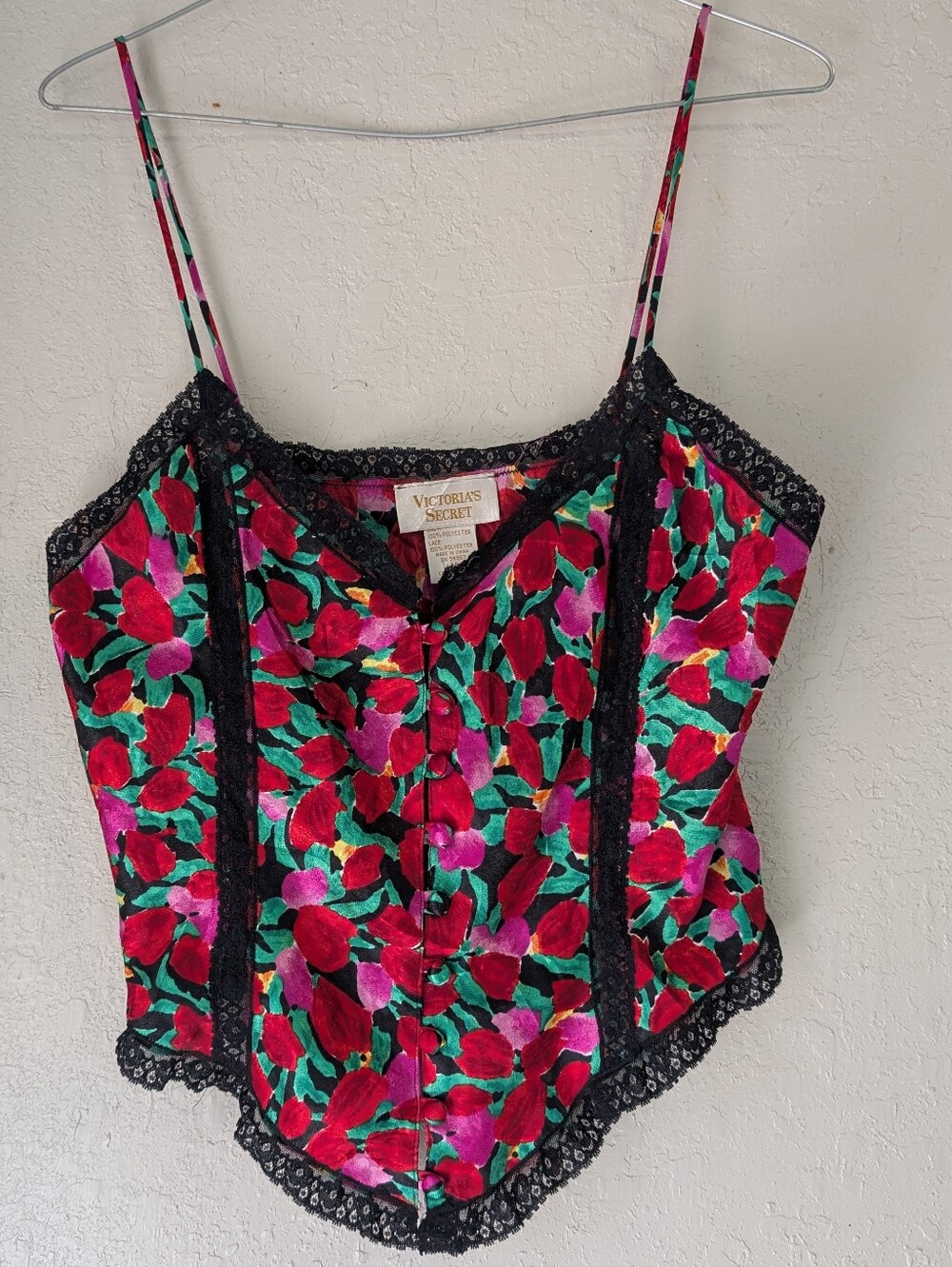 Corset Style Cami M Black Red Lace Floral Whimsigoth Vtg 90s Fairy Sexy Romantic
